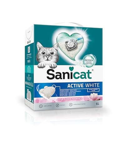Sanicat - Lettiera agglomerante Active White Fiore di Loto | A base di minerali naturali per garantire il controllo dei cattivi odori | Assorbe l'umidità e facilita la pulizia