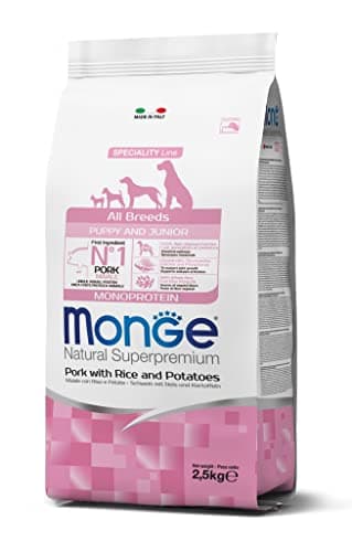 Monge Natural Superpremium Puppy and JUNIOR Pork, Rice and Potatoes, cibo per cani per tutte le razze (cibo secco per cani con maiale, riso e patate, molto ricco di fibre e vitamine, 2,5 kg)