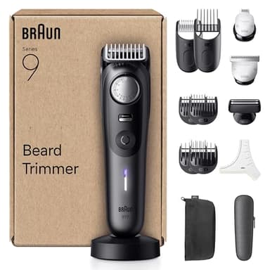 Braun Regolabarba Uomo Series 9, +14 Strumenti Da Barbiere, Modalità PowerBoost & Lama ProBlade Affilata A Vita, 180 Min, Selettore Di Precisione Con 52 Lunghezze, Impermeabile, BT9565, Titanio