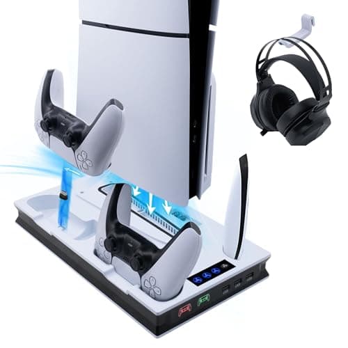 Wigearss Supporto Verticale di Raffreddamento PS5 con Doppio Controller di Caricatore per PS5/PS5 Slim/PS5 PRO UHD/Digital Edition