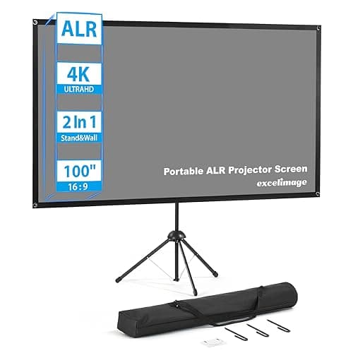 Excelimage Tela per Proiettore ALR con Treppiede, 100 Pollici 16:9, Alta Resistenza alla Luce Ambientale, Facile da Installare, Ideale per Home Theater e Intrattenimento Multimediale