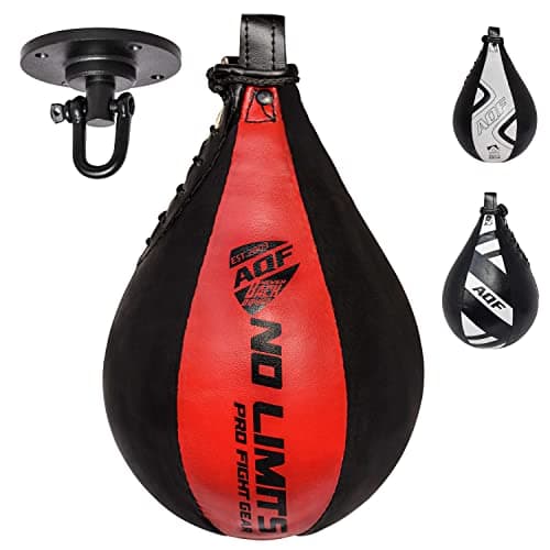 AQF Punching Ball in Pelle Speed Sacco da Boxe Girevole MMA Boxing Bag Pungiball Set da Allenamento (Nero & Rosso)