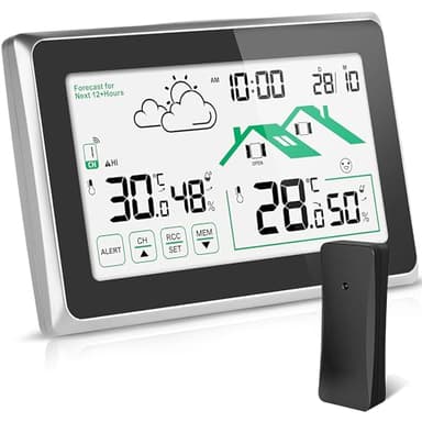 Stazione Meteo con Sensore Esterno, Termometro Digitale Igrometro per Interni ed Esterni, Schermo LCD con Retroilluminazione 12/24 ore Previsioni Meteo Automatiche per Ufficio Casa Camera da Letto