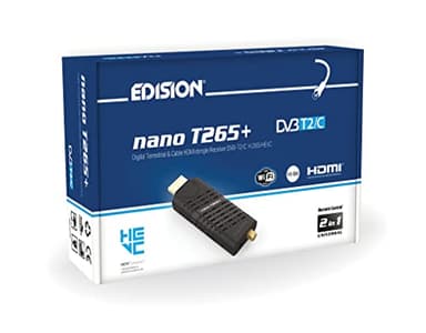 EDISION NANO T265+ Dongle Decoder Digitale Terrestre 2024 Decoder DVB-T2, Full HD, H265 HEVC, 10 Bit, FTA, USB, HDMI, Sensore IR, Supporto USB WiFi, Telecomando Universale 2in1, Main 10