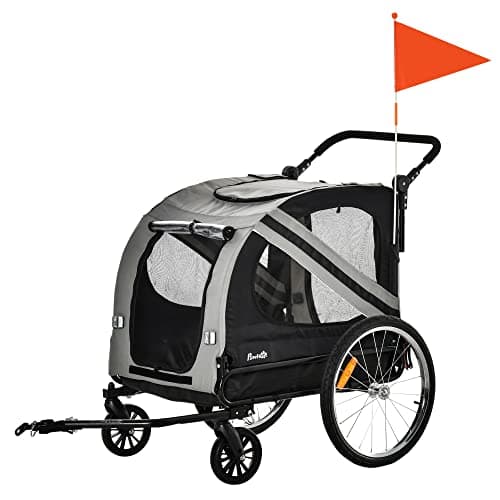 PawHut Rimorchio Bici e Passeggino per Cani 2 in 1, Carrello Bici in Acciaio e Tessuto Oxford con Catarifrangenti e Bandierina, Grigio Argento Nero