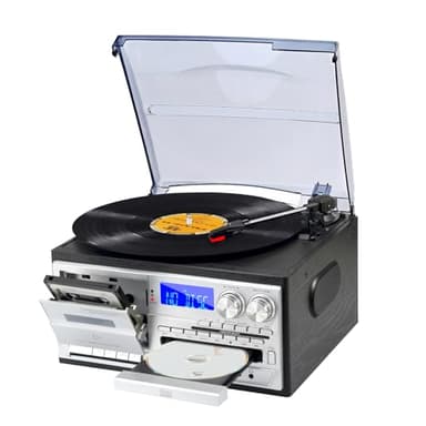 9 in 1 Giradischi con Bluetooth, CD, Cassetta, Radio AM/FM, Riproduzione USB SD MMC e Telecomando – Giradischi a 3 Velocità, Jack Cuffie da 3,5 mm e Aux In RCA Line Out