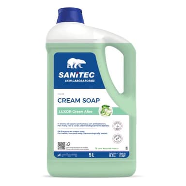 Sanitec, Luxor Green Aloe, Crema di Sapone Profumata Idratante e Antibatterico, Deterge le Mani Lasciandole Fresche e Pulite, pH 5,5, Dermatologicamente Testato, 5L 5000ml