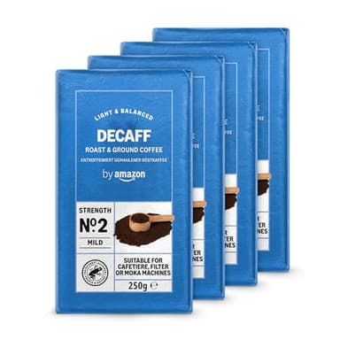 by Amazon Caffè Decaffeinato macinato, tostatura chiara, 1kg, 4 confezioni da 250g - Certificato Rainforest Alliance