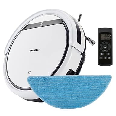 MEDION Robot aspirapolvere con funzione mopping E32 SW (robot aspirapolvere 2in1 ottimizzato per pavimenti, piastrelle, peli di animali domestici, soggetti allergici, telecomando