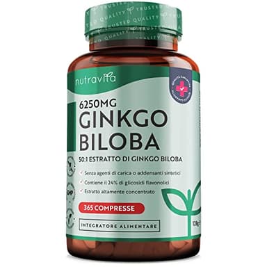 Ginkgo Biloba 6250mg - 365 Compresse (1 Anno) - Estratto Ginkgo Biloba 50:1 con 24% Flavonoglicosidi - Capsule di Gingko Biloba Forte - Ginko Biloba Integratore - Ginkgo-Biloba Vegano - Nutravita