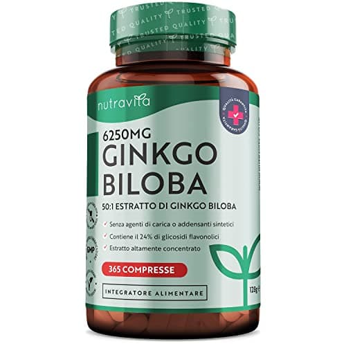 Ginkgo Biloba 6250mg - 365 Compresse (1 Anno) - Estratto Ginkgo Biloba 50:1 con 24% Flavonoglicosidi - Capsule di Gingko Biloba Forte - Ginko Biloba Integratore - Ginkgo-Biloba Vegano - Nutravita