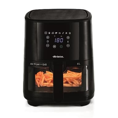 Ariete 4626 Friggitrice ad aria 6L, 1300 W, Capacità 6L, Capacità di cottura 2,5kg, 8 programmi preimpostati, Temperatura fino a 200°, Cestello trasparente per controllo cottura, Nero