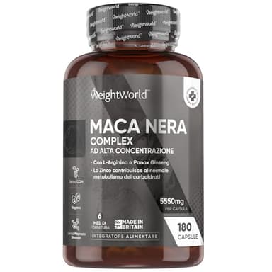 Maca Peruviana Nera (per 6 Mesi) con L Arginina + Zinco + Panax Ginseng + Pepe Nero, 1 Capsula di Maca Nera Complex al Giorno, Estratto 100:1, 180 Capsule Vegane, Integratore Senza Magnesio Stearato