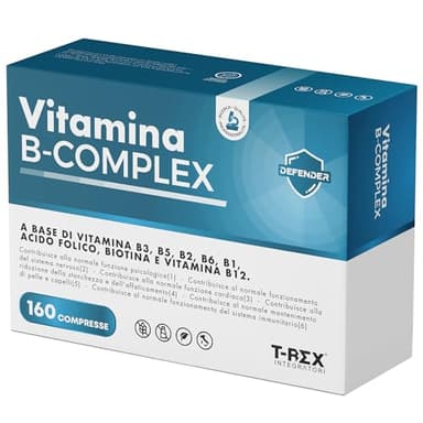 T-Rex Integratori, Vitamina B Complex 160 Compresse Vegan (5 Mesi di Fornitura) - Alto Dosaggio di Vitamina B12, Acido Folico, Biotina, Niacinamide - Difese Immunitarie Per Uomo, Donna e Ragazzi