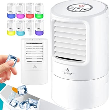 KESSER® - Mini climatizzatore mobile 4 in 1, con 7 colori LED, ventilatore, serbatoio dell'acqua, timer, 3 livelli, umidificatore ionizzatore, refrigeratore d'aria, piccolo portatile, bianco