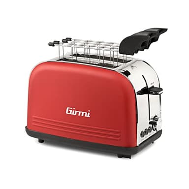 Girmi TP57 Tostapane, 800 W, Corpo e pinze INOX, Ampie fessure, Timer, 8 livelli di cottura, Spegnimento automatico, Raccogli briciole, Rosso
