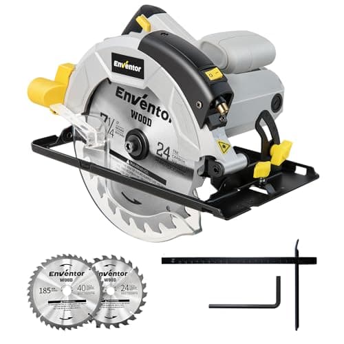 Enventor Sega Circolare 1200W con Guida Laser, per Legno, 2 Lama da 185mm (24T&40T), 5800RPM,Taglio Massima:62mm (90°) e 42mm (45°),Motore Di Rame Puro,Inclusa Guida di Rip