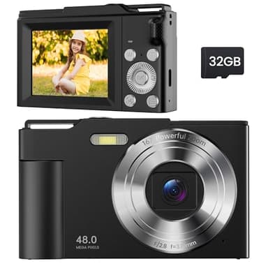 Macchina Fotografica Digitale Compatta: 48MP Videocamera 16X Zoom - 1080P Vlog Camera - Fotocamera Digitale Autofocus con Scheda da 32GB - per Bambini Studenti Principianti Nero