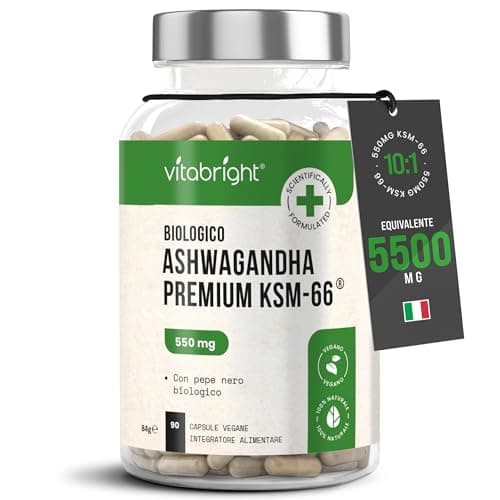 Ashwagandha KSM-66, 90 Ashwagandha Capsule 3 mesi, L'Ashwagandha Bio Alto Dosaggio Equivalente 5500mg Ashwagandha Polvere, Equilibrio Cortisolo, Ginseng Indiano Ashwagandha Alto Dosaggio VitaBright