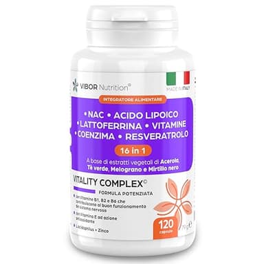 Vibor Vitality Complex 120 Cps Integratore 3 in 1 Con NAC N-Acetil-Cisteina, 16 Ingredienti, Difese Immunitarie Adulti, Fermenti Lattici Probiotici, Lattoferrina,Vitamina C B1 B2 B6,Acido Alfa Lipoico