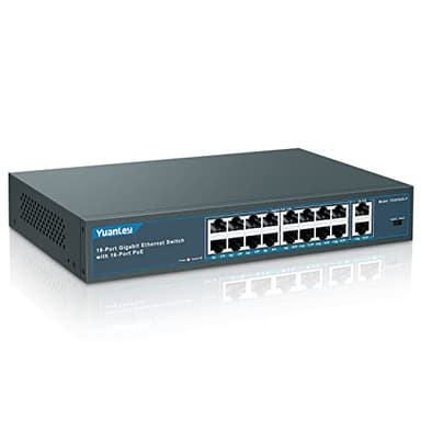 YuanLey 18 Porte Gigabit Poe Switch, 16 Porte Poe+ 1000 Mbps, 2 Gigabit Uplink, 250W 802.3af/at, Desktop Metallo/Montaggio su Rack, Switch di Rete Plug And Play Non gestito