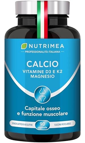 Calcio | Integratore con Vitamine D3 e K2 e Magnesio | Rafforza Ossa e Muscoli | Aumenta la Densità Ossea | 90 Capsule | Nutrimea