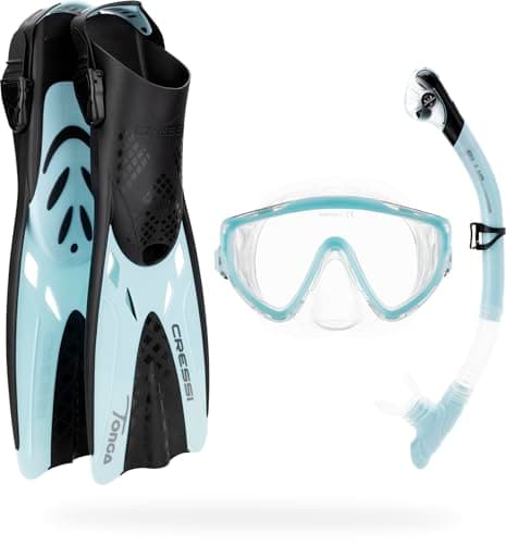 CRESSI Tino Adventure Set Black/Ice Cyan [S/M] - Set Pinne Tonga, Maschera Tino e Snorkel Scilla, per Snorkeling e Immersioni, Nero/Ice Cyan, S/M, Adulti