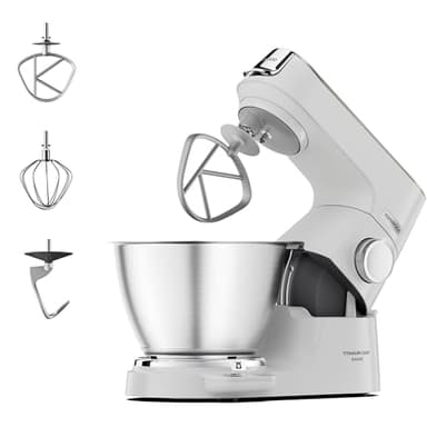 Kenwood Titanium Chef Baker KVC65.001WH, Impastatrice Planetaria con Bilancia Integrata, Frusta K, Gancio per Impastare, Frusta a Filo, Ciotola da 5 L, Potenza 1200 W, Bianco
