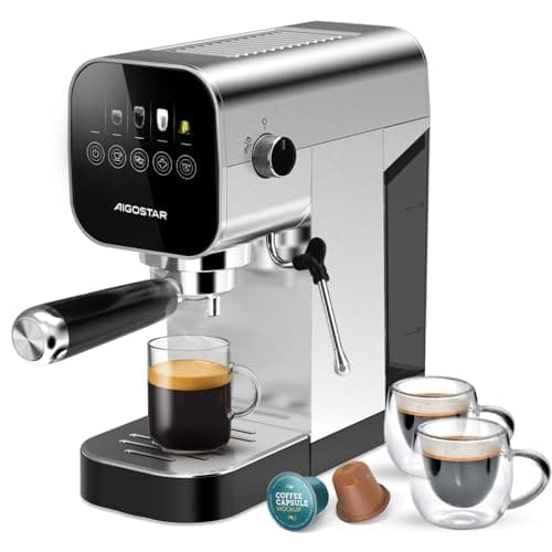 Aigostar Barista - Macchina da Caffè Espresso e Cappuccino, Compatibile con capsule e caffè macinato, 20 Bar, Schermo Touch, 1 o 2 tazze, espresso macchina caffè con vaporizzatore, 0.9L, 1350W, Inox