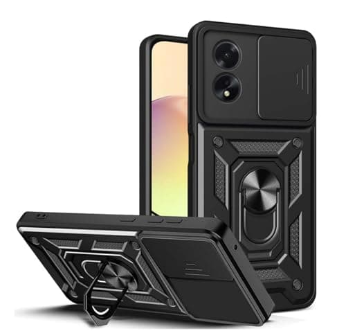 GOKEN Cover per Oppo A18 4G / Oppo A38 4G, Custodia Armor a Doppio Strato (Morbido Silicone & PC Rigido), Protezione Lente Scorrevole, Anello Rotante 360°, Case Antiurto - Nero