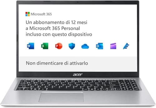 Acer Aspire 1 A115-32-C56R PC Portatile, Notebook, Processore Intel Celeron N4500, RAM 4 GB DDR4, 128 GB eMMC, Display 15.6" FHD LED LCD, Intel UHD, Microsoft 365, Windows 11 Home in S mode, Silver