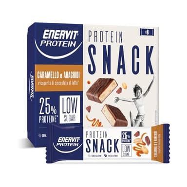 Enervit, Protein Snack con Arachidi, Caramello e Cioccolato al Latte, Barrette Energetiche Ricche di Proteine e Fibre, 25% di Proteine, Senza Glutine e Olio di Palma, 8 Barrette da 27 Grammi