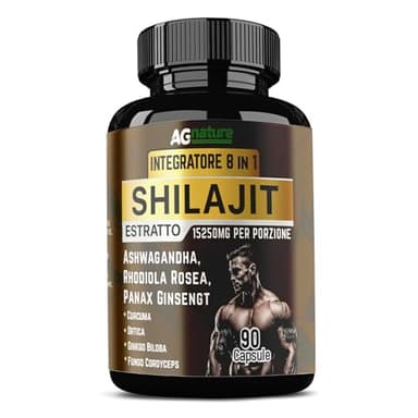 AG nature Shilajit Puro Himalayano Originale Forte 90Cps | 15250mg Complex 8 in 1 con Ashwagandha, Rhodiola Rosea, Curcuma, Ortica, Gingko Biloba e Panax Ginseng