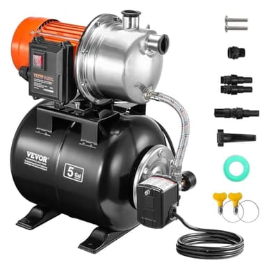 VEVOR Pompa per Pozzi Poco Profondi da 1176 W, 5600 L/H, Pompa Aumento Pressione Automatica per Irrigazione con Serbatoio di Pressione 19 L, Pressostato, Testa della Pompa in Acciaio Inox per Prato