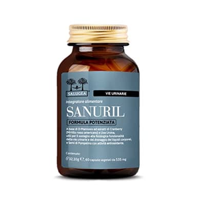 SANURIL Formula Potenziata Salugea - Integratore 100% Naturale - Con D-Mannosio, Cranberry, Uva Ursina e Semi di Pompelmo per il benessere delle Vie Urinarie - 60 Capsule - Flacone in Vetro