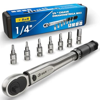 S&R Chiave Dinamometrica 1/4. Set Chiave Dinamomentrica Bici e Moto (5-25Nm) 27,2 cm con 6 Bussole Inserti Brugole Esagonali e 1 Torx. Chiave Bicicletta e Mtb.
