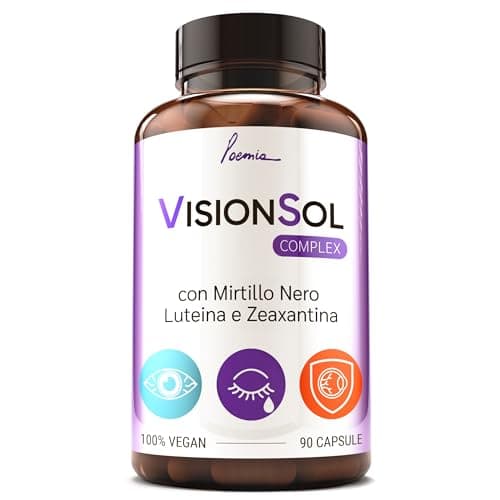 Integratore Occhi Vista Luteina e Zeaxantina Alto Dosaggio 90 Capsule Con Zinco Licopene Mirtillo Nero Vite Rossa Antiossidante Per Occhi Vitamina A B12 Vegano Vision Sol Poemia