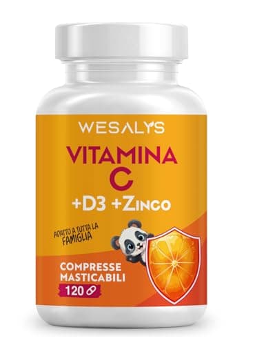 Vitamina C D Zinco, Masticabile gusto Arancia, per Bambini ed Adulti, Vitamina C 1000mg, Vitamina D3 2000 UI e Zinco 5mg in 2 cpr, WE Salus