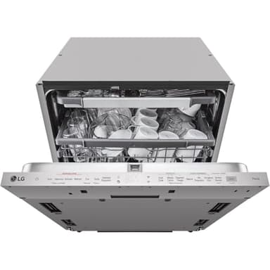 LG QuadWash DB365TXS Lavastoviglie da Incasso a Scomparsa Totale, Serie 3, Classe B, 14 coperti, 4 Bracci Irroratori, Vapore, Cerniere Sliding, Apertura Automatica, 3° Cestello, Wi-Fi, Acciaio