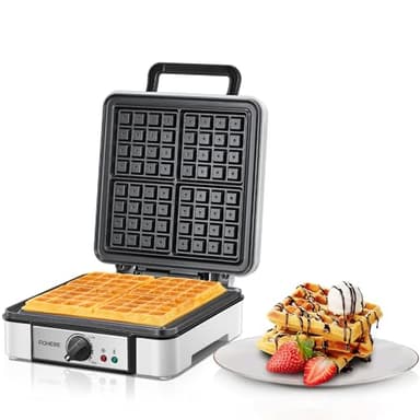 FOHERE Piastra per Waffle Belga, Macchina per Waffle Quadrato, Antiaderente a 4 Fette, Rivestimento Antiaderente, 5 Pulsanti di Doratura Indicatori Luminosi, 1200W Waffle Maker