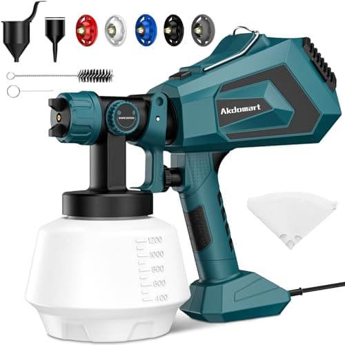 Akdomart Pistola per Verniciare, 700W HVLP Pistola Vernice a Spruzzo con 5 Ugelli, AK17 Pistola a Spruzzo per Vernici Elettrica a Flusso Regolabile da 1200 ml