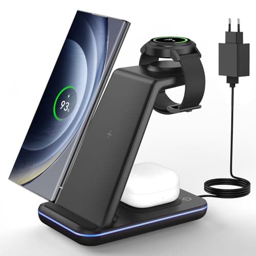 JoyGeek Caricatore Wireless per Samsung, Stazione Ricarica 3 in 1 per Samsung S25/S24/S23/S22/ZFlip/Fold, Caricabatterie Wireless per Galaxy Watch Ultra/7/6/5/4/3, Base Ricarica per Galaxy Buds-Nero