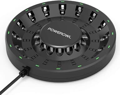 POWEROWL Caricabatterie 16 Slot Indipendente per Pile Ricaricabili Stilo e Ministilo con Luce e spina LED intelligenti, per Batterie Ricaricabili AA AAA NIMH NICD