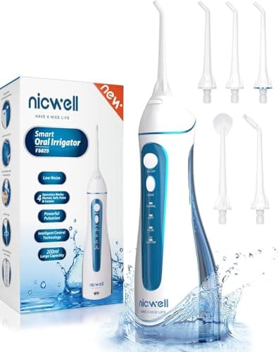 Idropulsore Dentale Portatile, Irrigatore Orale Professionale 4 Modalità e 5 Ugelli di Ricambio con rotazione di 360 °, Ricaricabile USB, IPX7 Impermeabile, Adatto a viaggio e a casa
