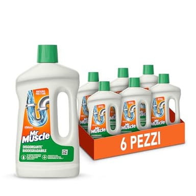Mr Muscle Disgorgante Biodegradabile, Sturalavandini e Scarichi Intasati, Sicuro per i Tubi, 3 Dosi per Flacone, Formato Scorta da 6 Pezzi da 750 ml