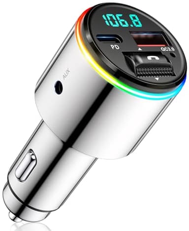 Babacom Trasmettitore FM Bluetooth 5.3 per Auto, Ricarica Rapida QC3.0 18W & PD 30W Bluetooth Auto Aux con Interamente in Metallo, 7 Doppia Colori Retroilluminato, Audio Amplificatori Stereo per Auto