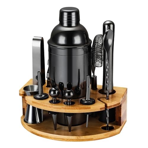 Set Shaker Cocktail Kit Barman con Supporto, Set Barman in Acciaio INOX da 750ML 12 pezzi con dosatore misurino cocktail, Kit Barman Professionale Completo per Home Bar, Regali per Papà (Nero)