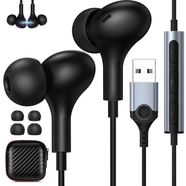 Cuffie In-Ear con Microfono, USB Auricolari PC con Filo 2,3 m, con Pulsante di Muto, Controllo del Volume, Cuffie Magnetiche Stereo HiFi, Compatto e Portatile, Ideale per Videoconferenze, Skype, Zoom