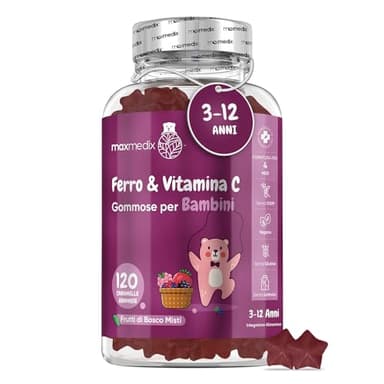 Ferro Integratore + Vitamina C Bambini, 120 Gommose Vegane ai Frutti di Bosco con Vit C (4 Mesi di Fornitura) Adatte dai 3 ai 12 Anni, Integratore Ferro con Vitamine Bambini Gommose, Senza Glutine
