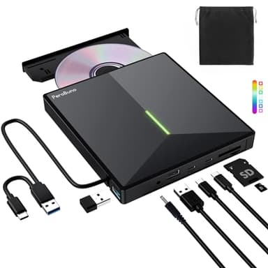 PeroBuno Masterizzatore CD DVD Esterno, Portatile USB 3.0 e Type-C Unità CD DVD Esterna con e 2 Lettore di Schede TF/SD, CD DVD ±R/RW lettore dvd esterno Per Laptop Mac PC Windows 11/10/8/7 Linux OS